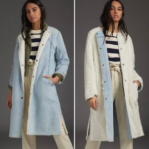 Anthropologie Pilcro Reversible Sherpa Denim Duster Coat Small Snap Front